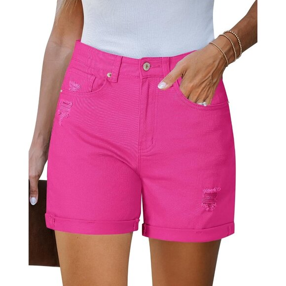 Women's Hot Pink Stretchy High Waisted Ripped Denim Trendy Cut Off Shorts